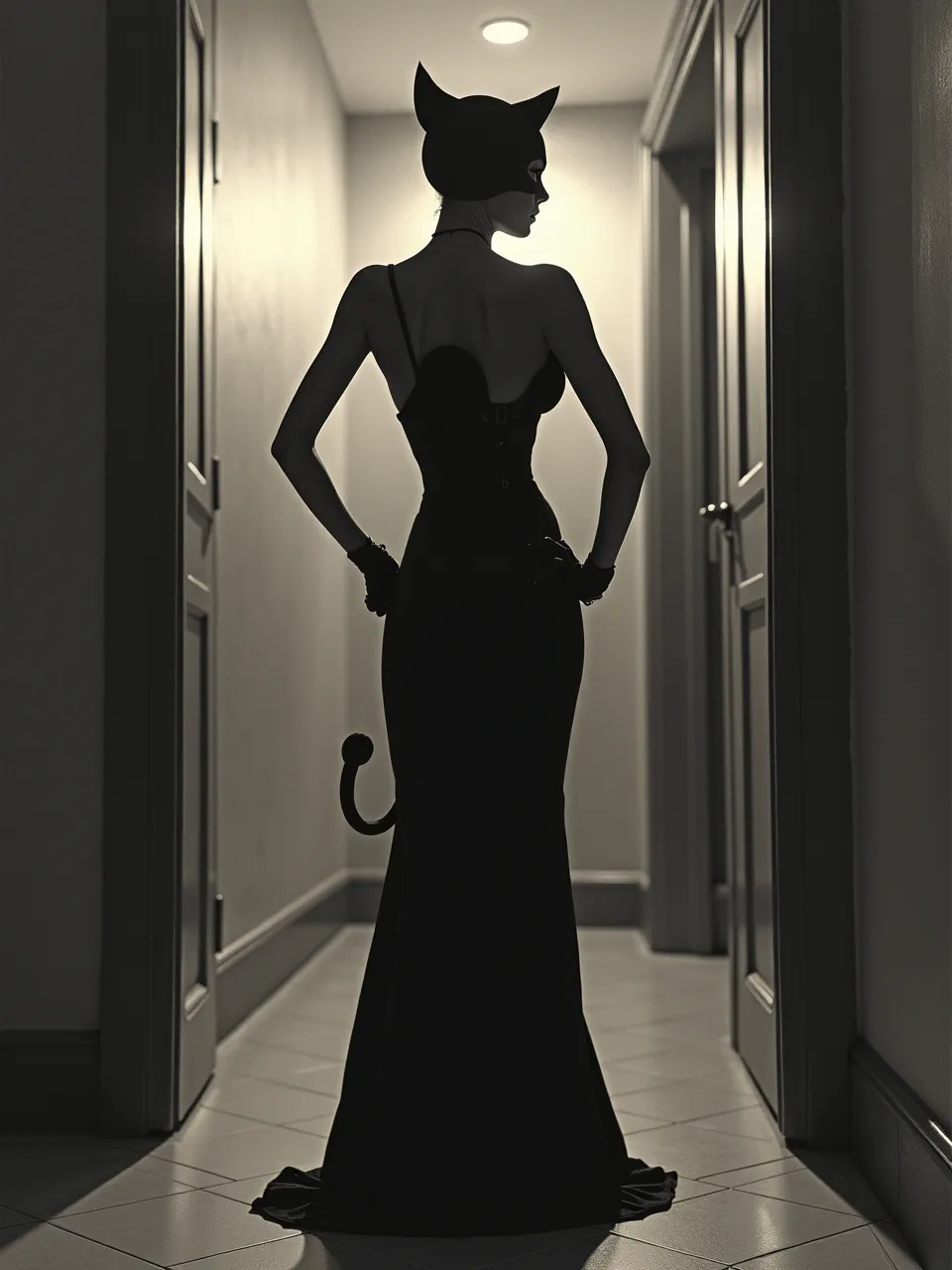 Edward Hopper's melancholic lighting defines this Catwoman AI generation. Emphasizing dramatic textures, this compelling piece evokes a painterly, cinematic artistic medium, perfectly capturing isolation and mystery.