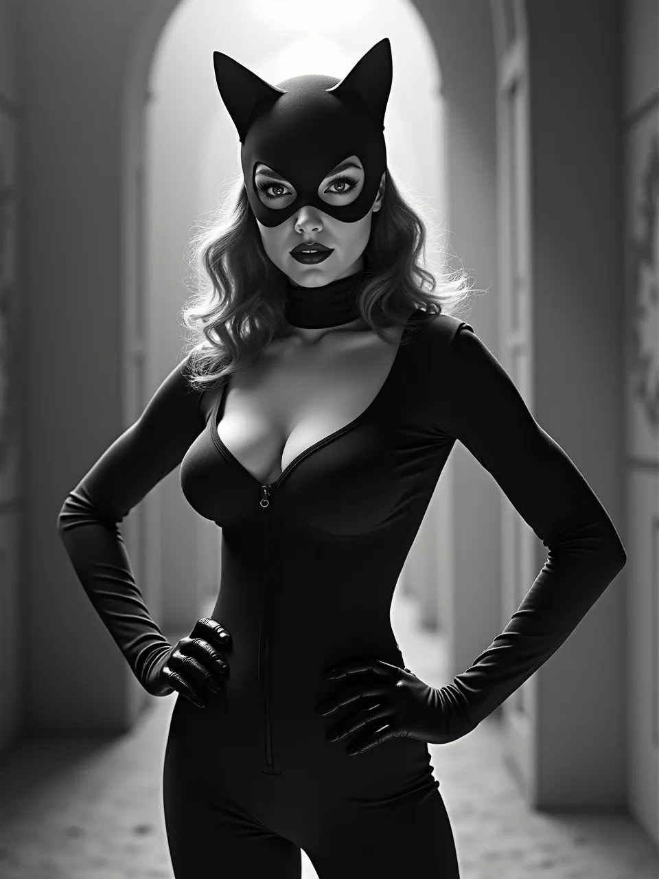 Edward Robert Hughes' dramatic lighting defines Catwoman. Rich textures in her suit and skin are expertly rendered in high-contrast digital art, a captivating artistic medium blend.