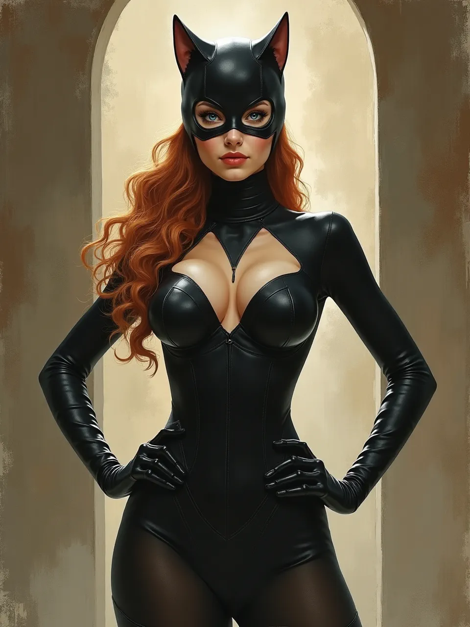 This Edwin Deakin-inspired Catwoman digital painting showcases dynamic lighting and rich, glossy leather textures, skillfully evoking the classical oil medium's captivating depth.