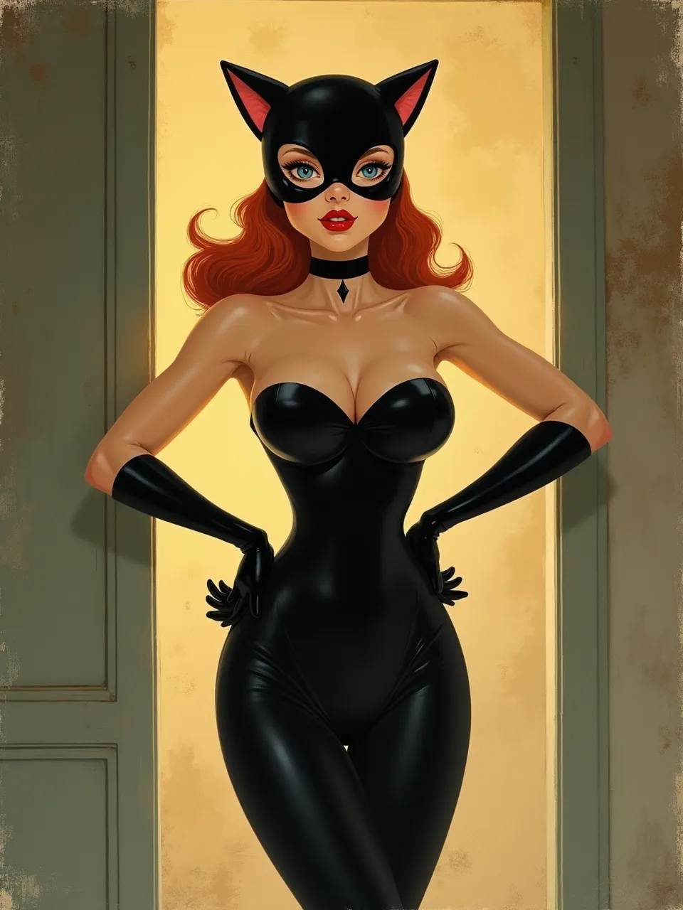 This captivating Catwoman in Edwin Georgi's pin-up style digital illustration highlights dramatic lighting, sleek latex textures, and a classic painterly medium feel, perfect for art collectors.