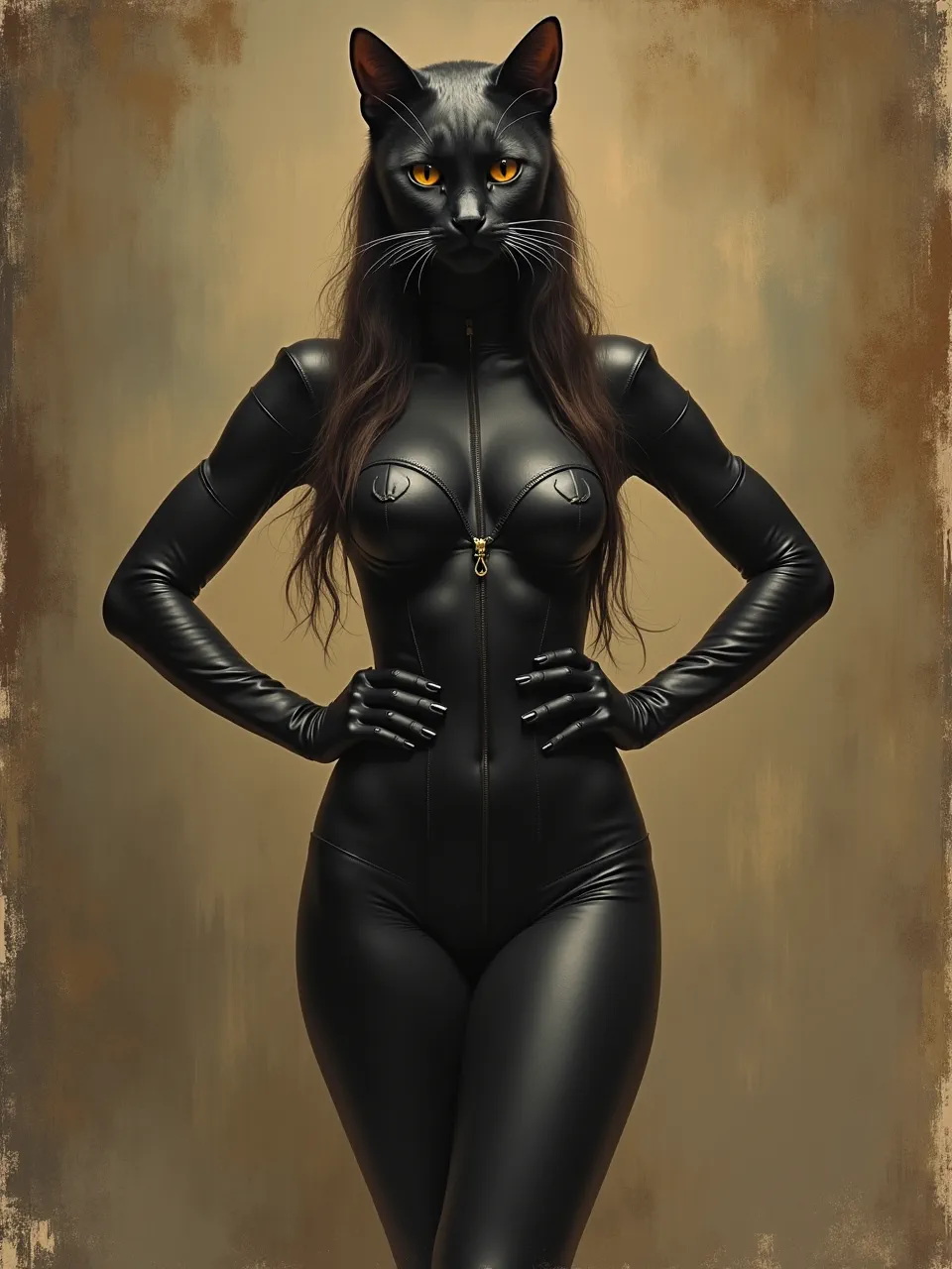 This Edwin Landseer-inspired Catwoman generation, an exquisite digital oil painting, features dramatic lighting emphasizing glossy textures of her suit and fur, evoking classical portraiture.
