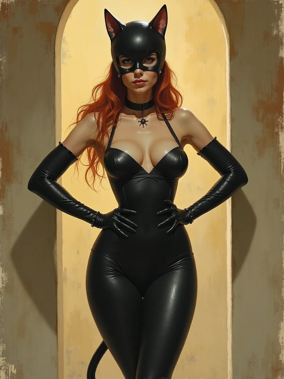 This captivating Catwoman AI oil painting, rendered in Edwin Lord Weeks' style, features dramatic lighting illuminating sleek leather textures and rich painterly artistry.
