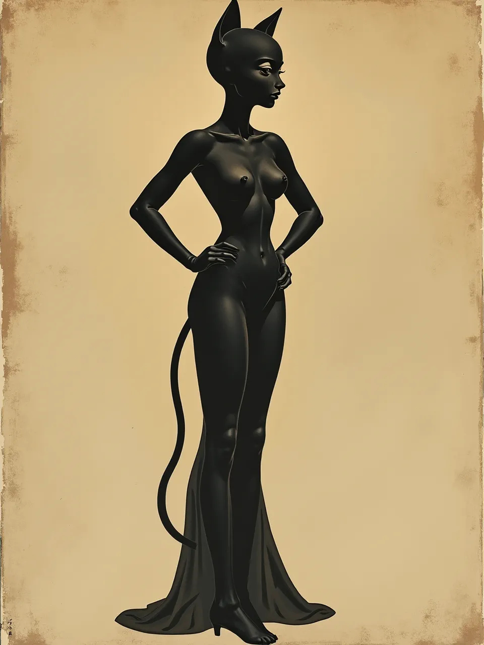 This Catwoman generation, deeply influenced by Egon Schiele, features dramatic lighting accentuating smooth, reflective textures. Its graphic artistic medium creates stark contrast against aged paper.