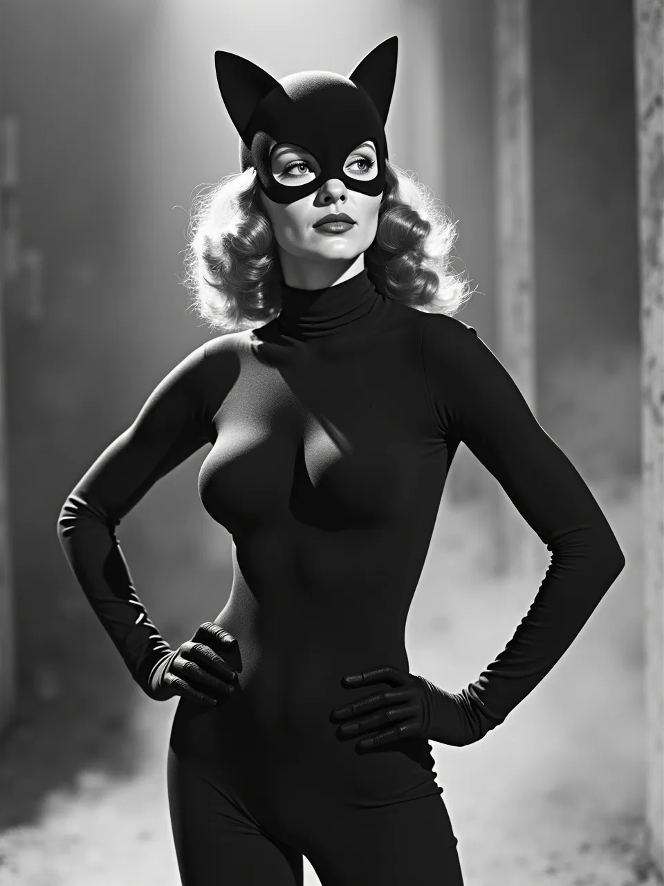 This striking Flux AI Catwoman generation, channeling Eileen Agar's surrealism, utilizes dramatic chiaroscuro lighting and sculpted suit textures, creating an exquisite black and white digital art piece.