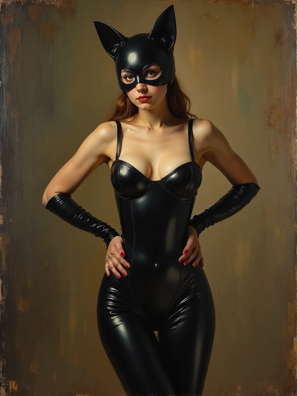 This El Greco-inspired Catwoman portrait features dramatic chiaroscuro lighting, highlighting glossy leather textures. An authentic oil painting aesthetic on a richly textured canvas medium.