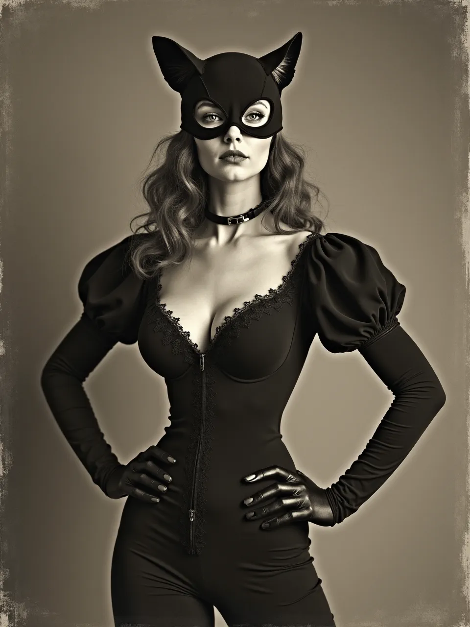 Eleanor Fortescue Brickdale's aesthetic defines this Catwoman, featuring dramatic chiaroscuro lighting and intricate textures. Rendered as a striking sepia-toned illustration, highlighting every elegant detail.