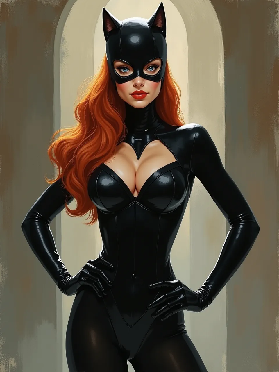 Flux AI generated Catwoman art in Elizabeth MacNicol's style: dramatic lighting, glossy suit textures, and painterly oil brushwork, an evocative artwork capturing vibrant hues.