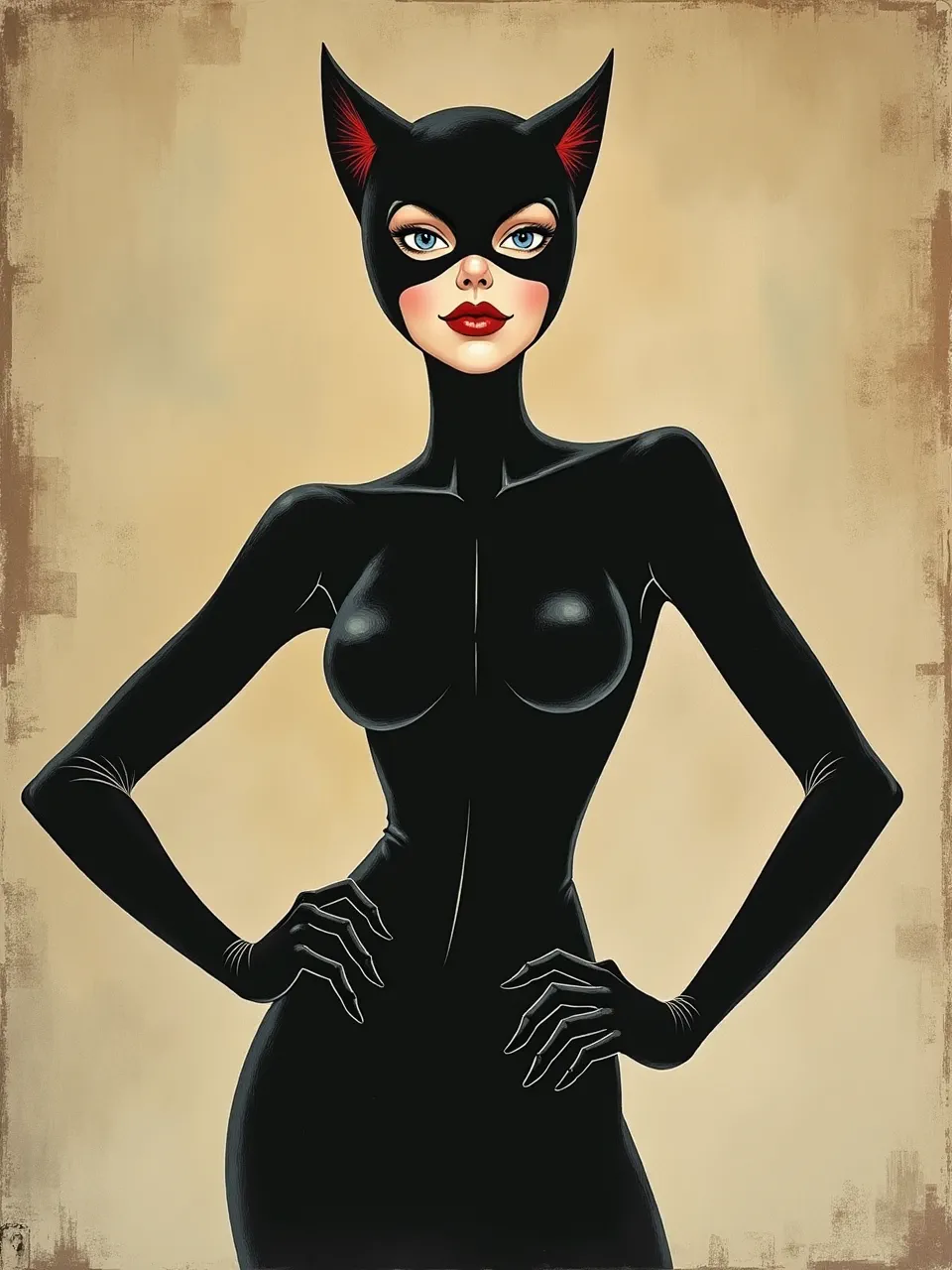 This AI-generated Catwoman, inspired by Ellen Gallagher, features dramatic lighting highlighting glossy suit textures. Distressed borders evoke a vintage digital painting aesthetic.