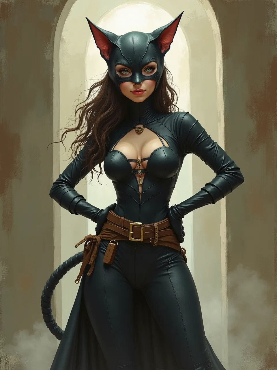 This Catwoman generation in Ellen Jewett's style boasts rich, sculptural textures and dramatic lighting. A mixed-media digital artwork, it features intricate details and profound visual depth.