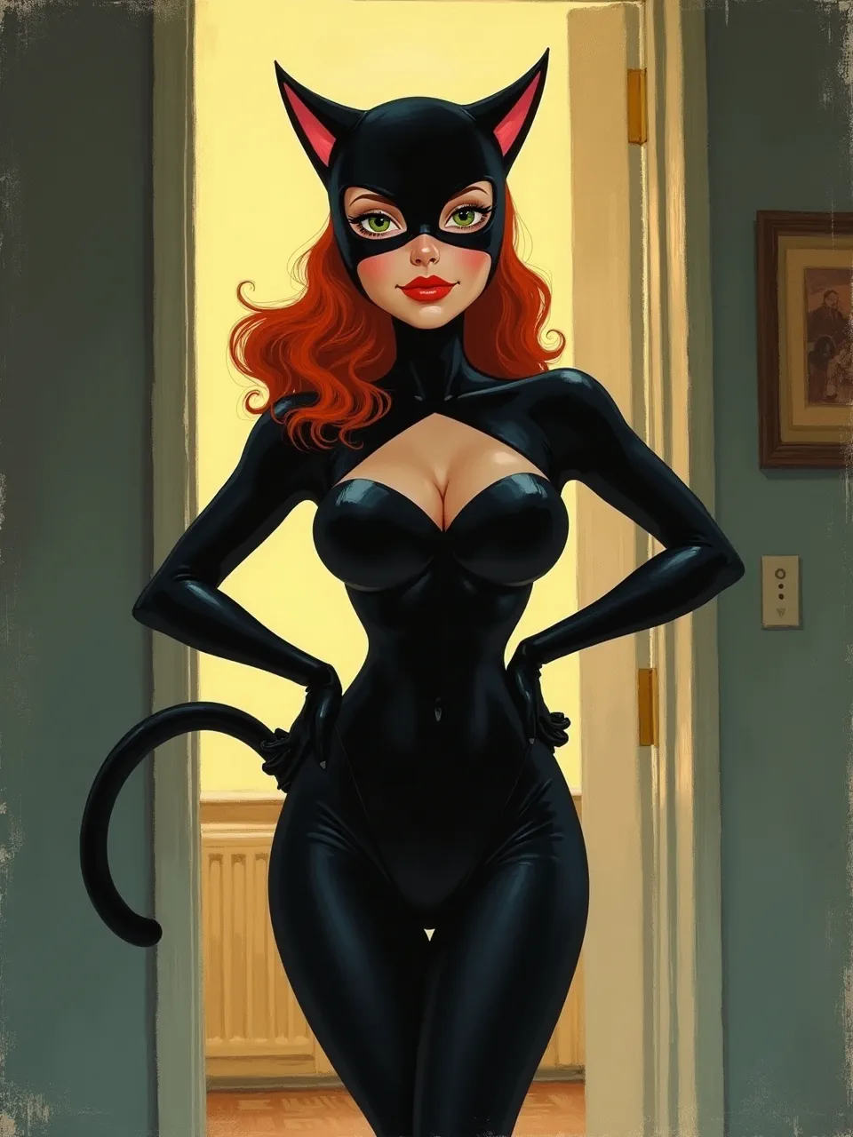 Captivating Catwoman, in Elmer Bischoff's expressive digital oil style. Dramatic lighting highlights glossy textures of her sleek suit and vibrant hair. Painterly brushstrokes define this powerful figure.