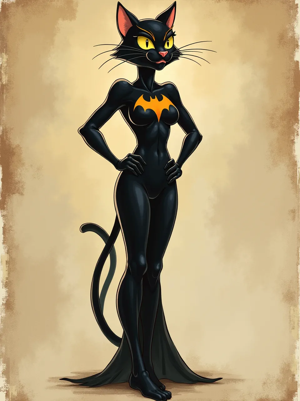This Catwoman digital illustration, inspired by Elsa Beskow, showcases sleek textures, soft, whimsical lighting, and rich artistic rendering. A captivating modern storybook design.