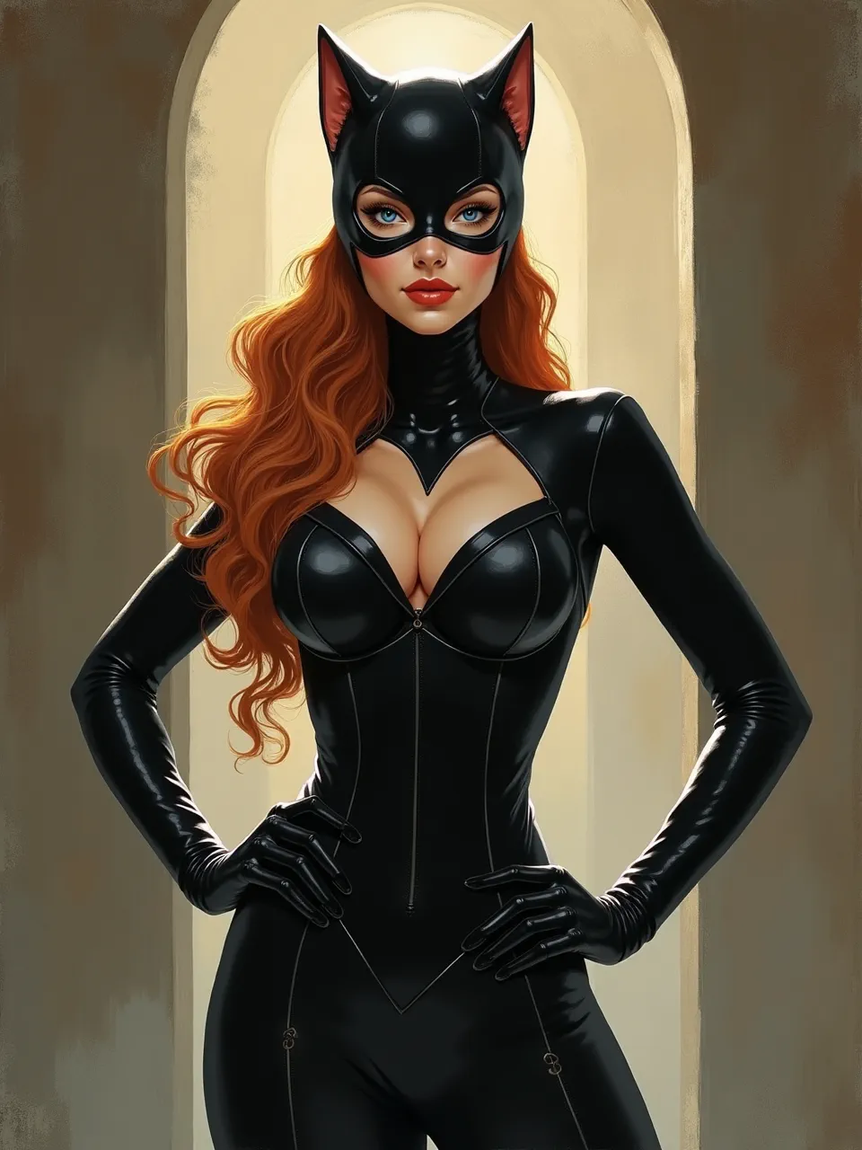 An alluring Emily Balivet Catwoman digital painting, illuminated by luminous backlighting, showcases sleek, glossy latex textures and vibrant flowing hair, embodying her unique artistic medium beautifully.