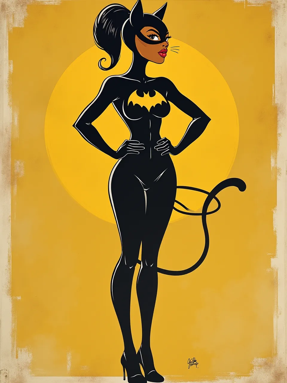 This Emory Douglas-style Catwoman illustration features bold, high-contrast lighting and stark black/yellow graphic textures. A digital screen print captures iconic poster art with distressed edges.
