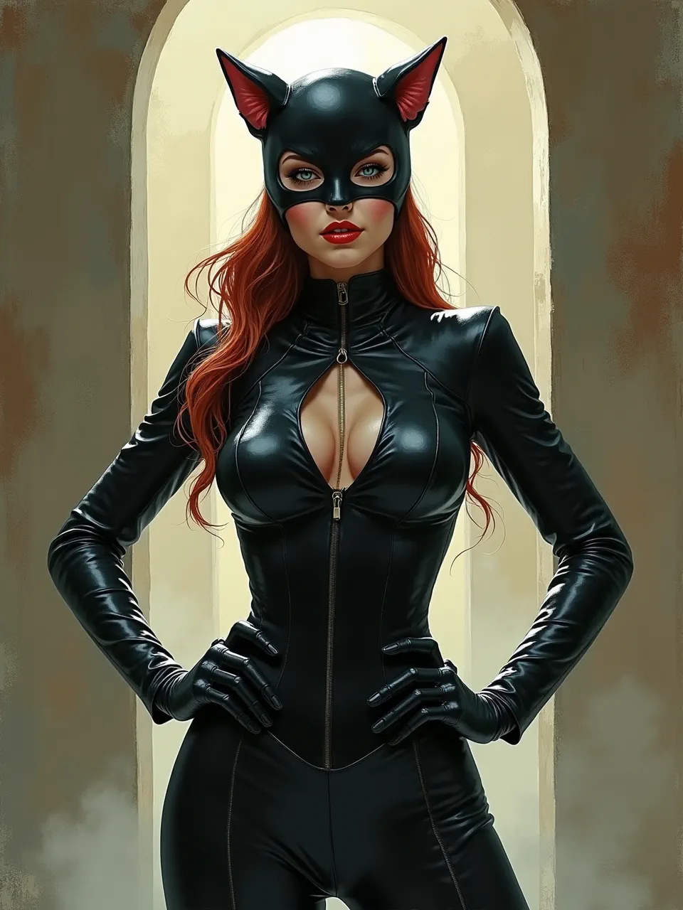This striking Enki Bilal-style Catwoman digital artwork features dramatic lighting sculpting shiny leather textures and flowing red hair. This unique artistic medium beautifully captures her iconic allure.