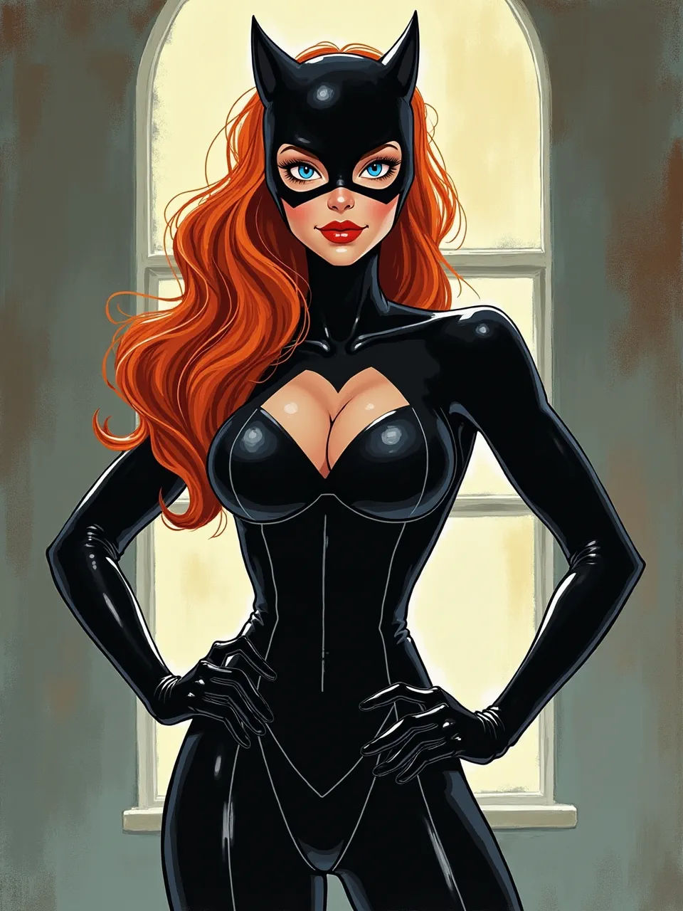 This vivid Catwoman portrait, inspired by Erin Hanson, masterfully uses dramatic lighting to illuminate glossy latex textures and flowing red hair in a dynamic digital oil painting.
