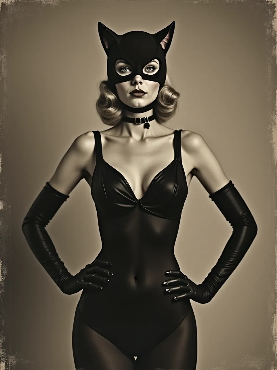 Flux AI's stunning Catwoman generation, inspired by Ernest Procter's dramatic lighting, highlights luxurious textures and a sophisticated digital painting medium, evoking vintage allure.