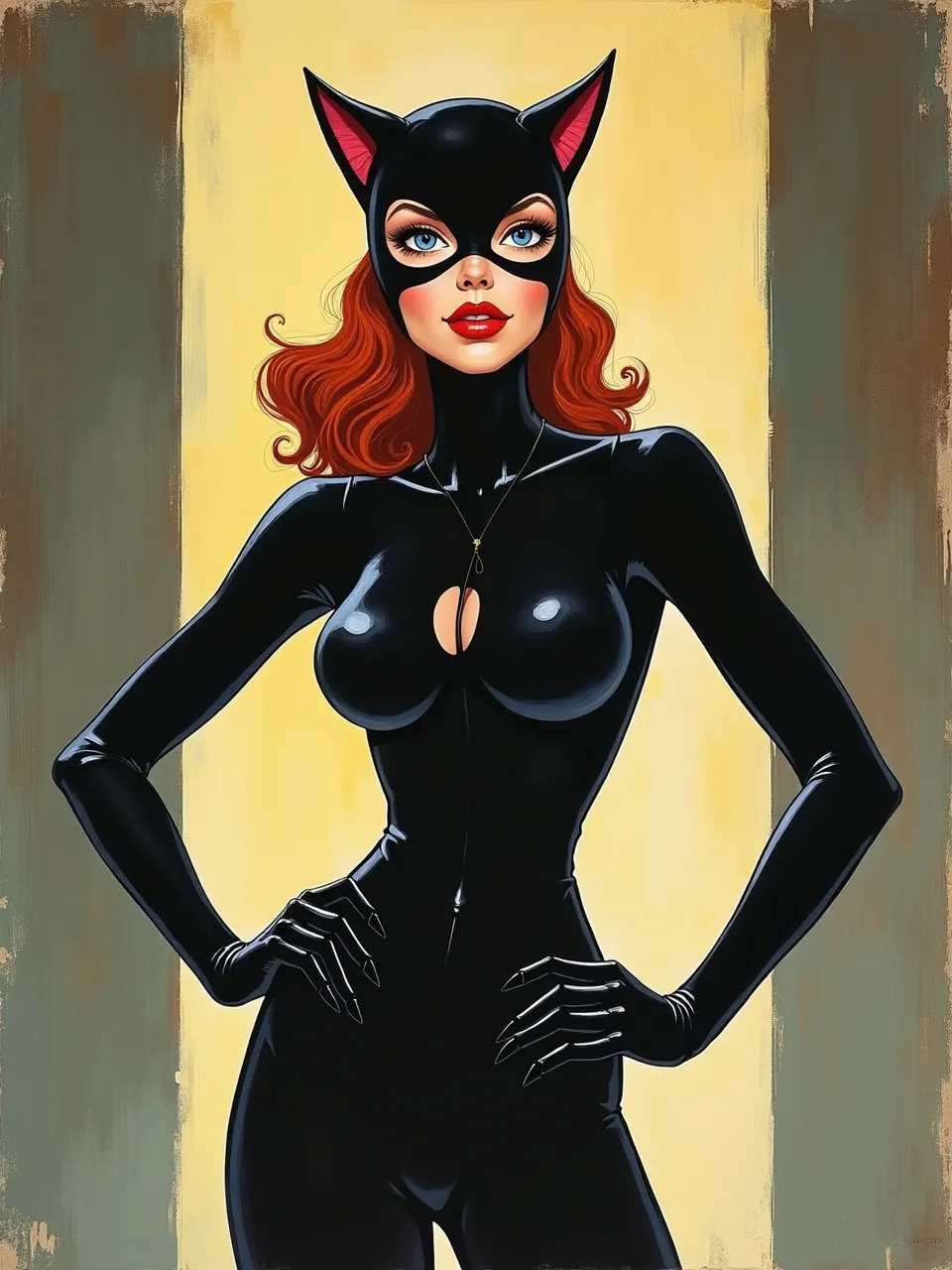 This Flux AI Catwoman generation channels Ernie Barnes' vibrant energy. Dynamic lighting enhances glossy suit textures, showcasing a unique blend of digital and painterly artistic mediums.