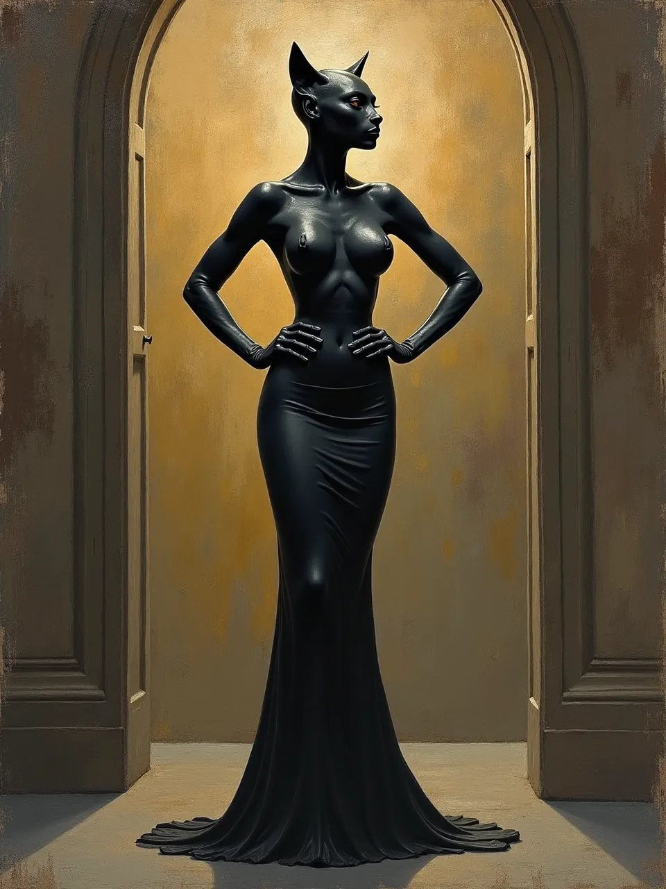 Ernst Fuchs' fantastic realism shapes this Catwoman digital oil painting. Dramatic lighting illuminates glossy textures and a sculpted form, rendering a mysteriously luminous aesthetic.