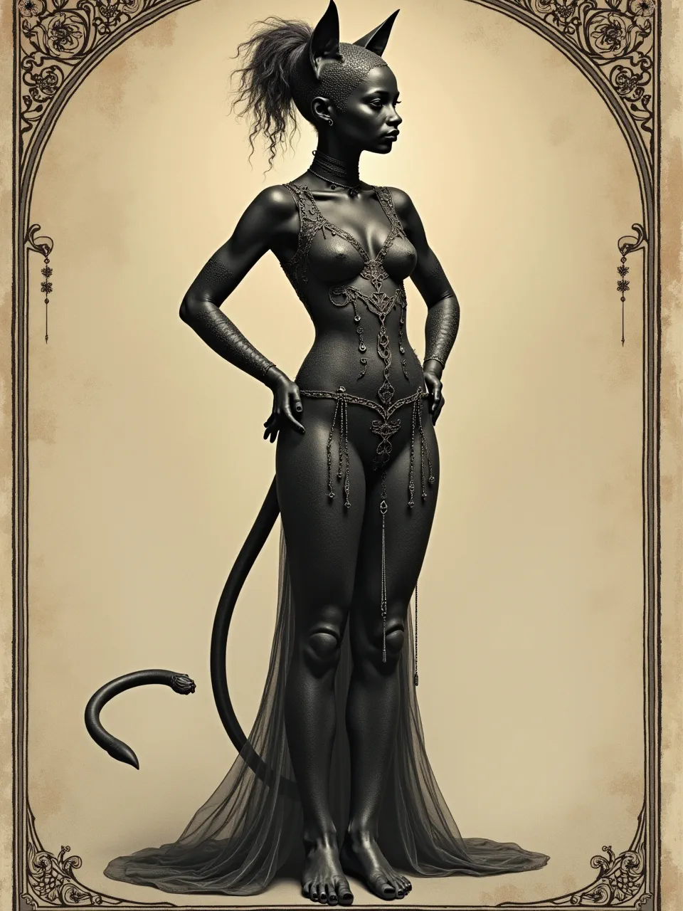 This Ernst Haeckel inspired Catwoman boasts exquisite, even lighting on sculpted, intricate metallic and diaphanous textures, presented as a highly detailed, scientific digital illustration.