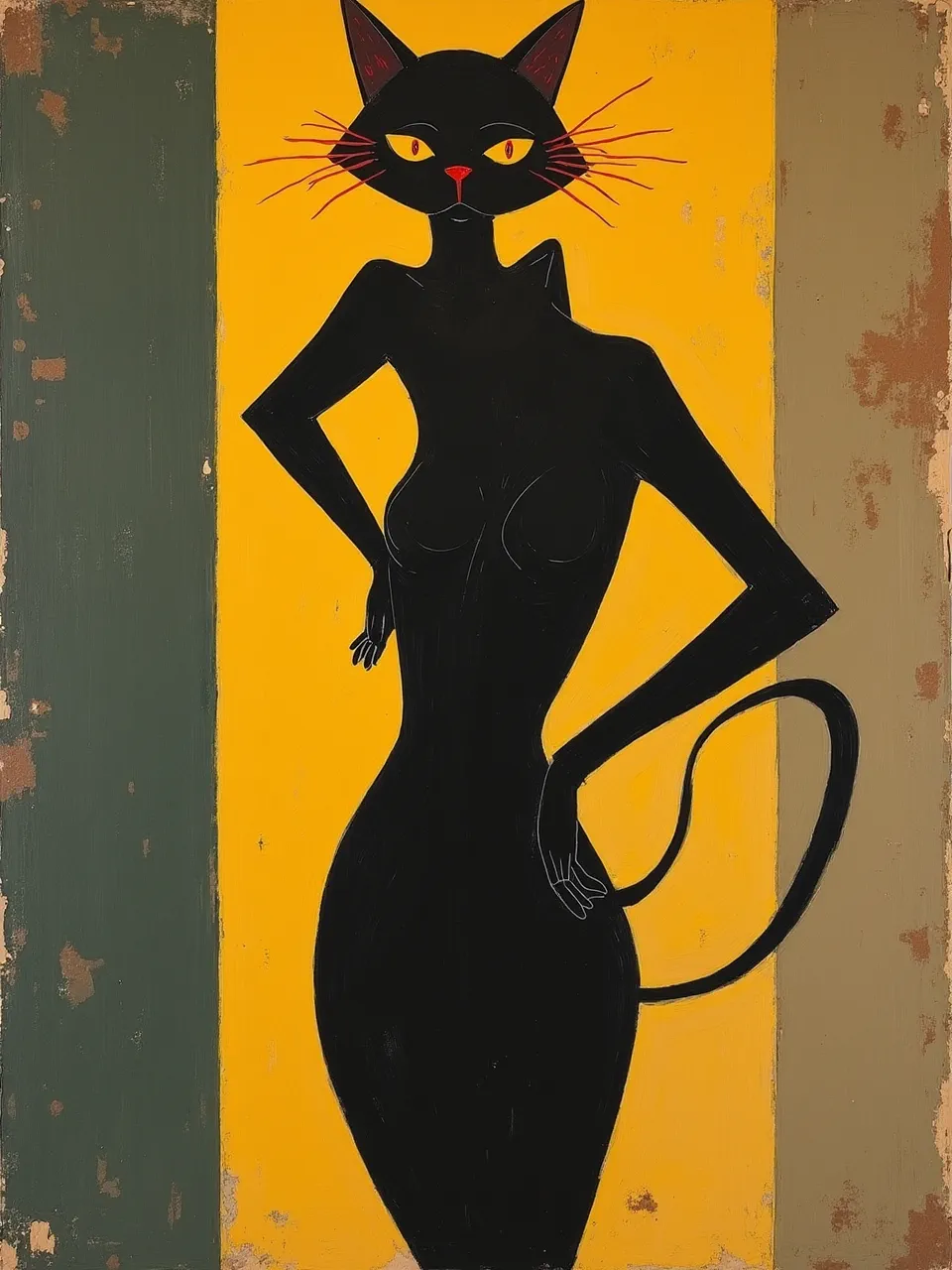 This Flux AI generation captures Catwoman in Ernst Ludwig Kirchner's bold style. Stark lighting and expressive, textured paint on a distressed wood panel create a raw, powerful Expressionist artwork.