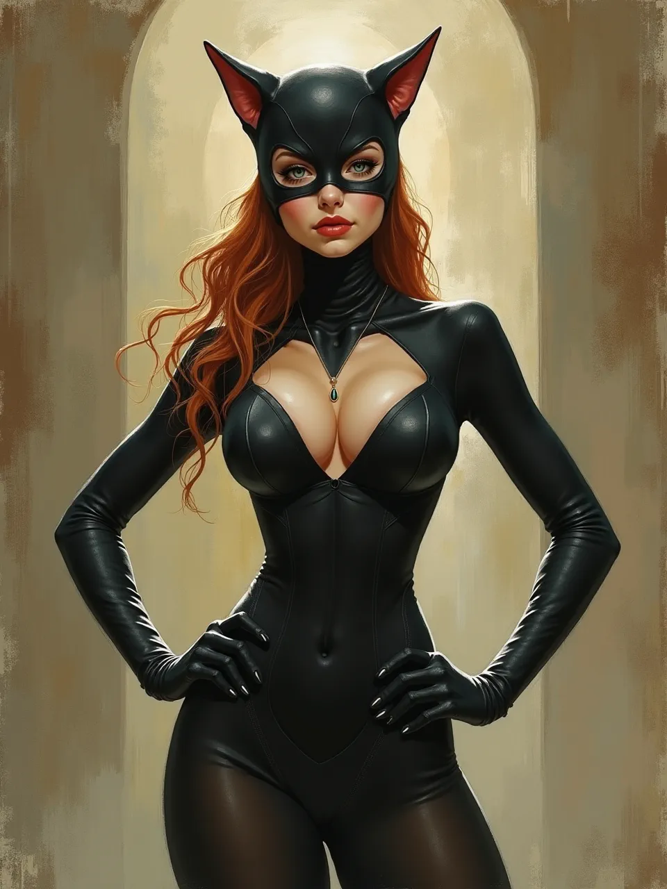 This Esao Andrews' Catwoman digital painting exhibits dramatic lighting, glossy leather textures, and flowing hair. A captivating artistic medium merges classic character with painterly depth.