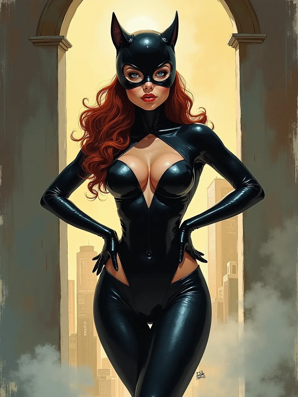 This stunning Catwoman digital illustration, inspired by Esteban Maroto, features dramatic backlighting illuminating glossy latex textures. A powerful, sleek artistic vision with exceptional detail.