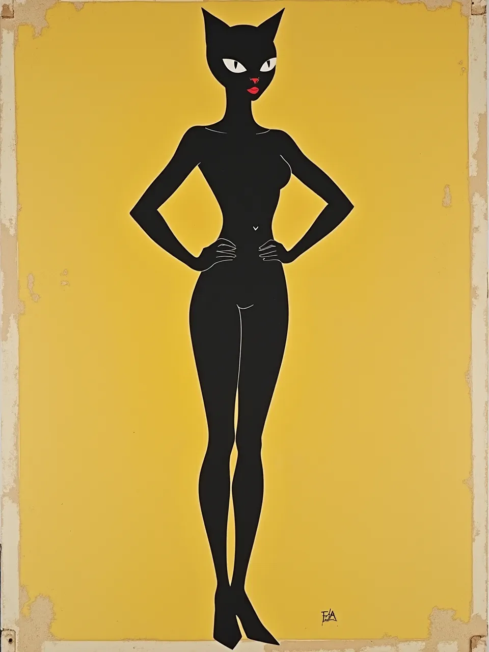 This striking Catwoman generation, influenced by Euan Uglow, features flat black textures against a vibrant yellow, utilizing stark silhouette lighting in a poster-like acrylic medium with aged edges.