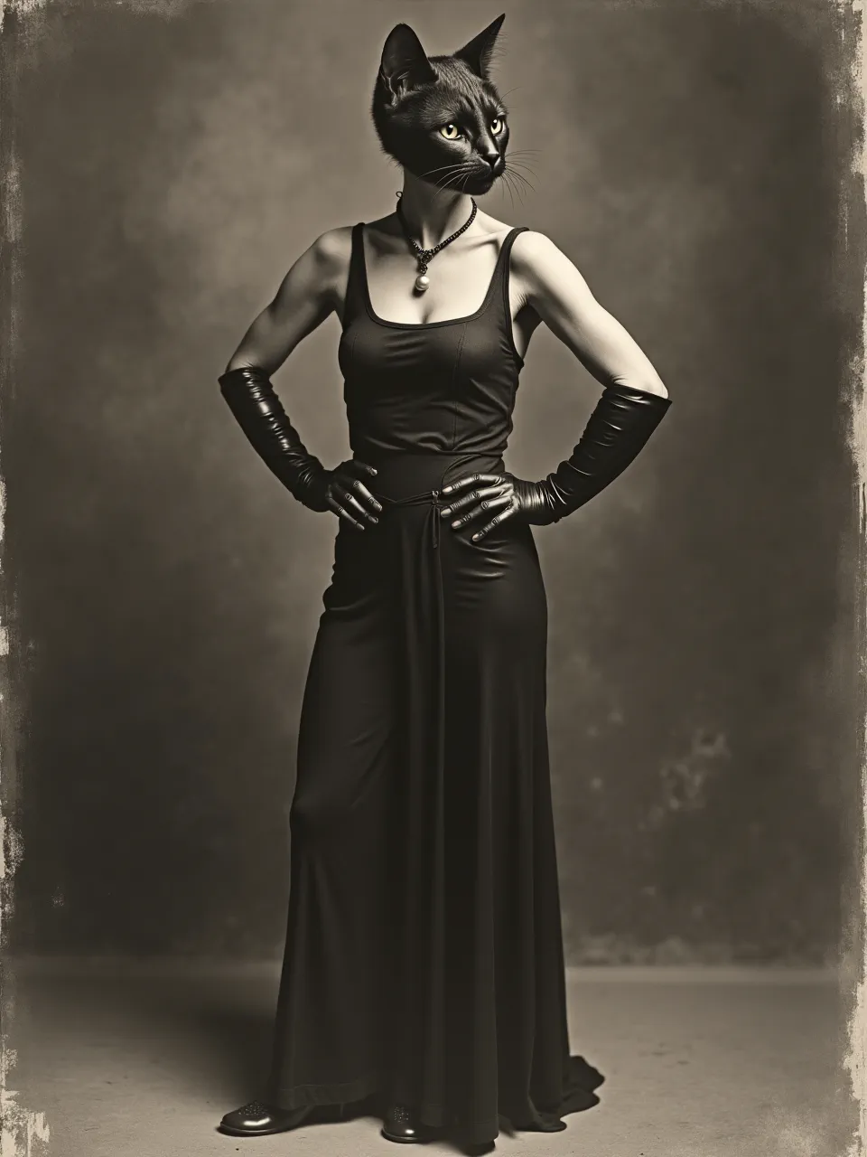 Eugène Atget's style elevates this Catwoman. Dramatic lighting sculpts rich textures on a vintage sepia photograph, a captivating early print aesthetic.