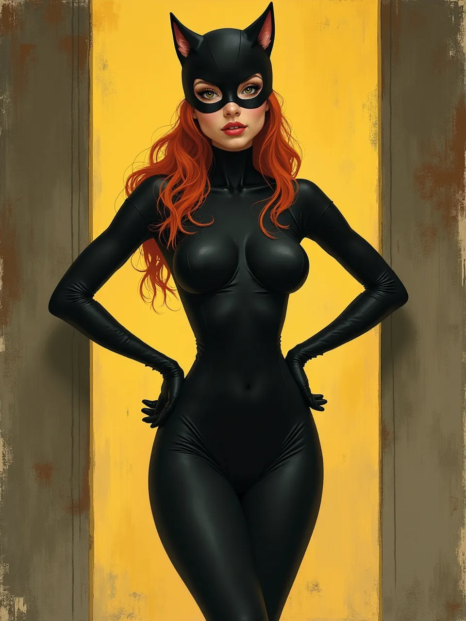 This Catwoman digital painting, channeling Eugene Grasset, uses expert lighting to highlight glossy catsuit textures and vibrant hair. A striking Art Nouveau-inspired artistic medium.