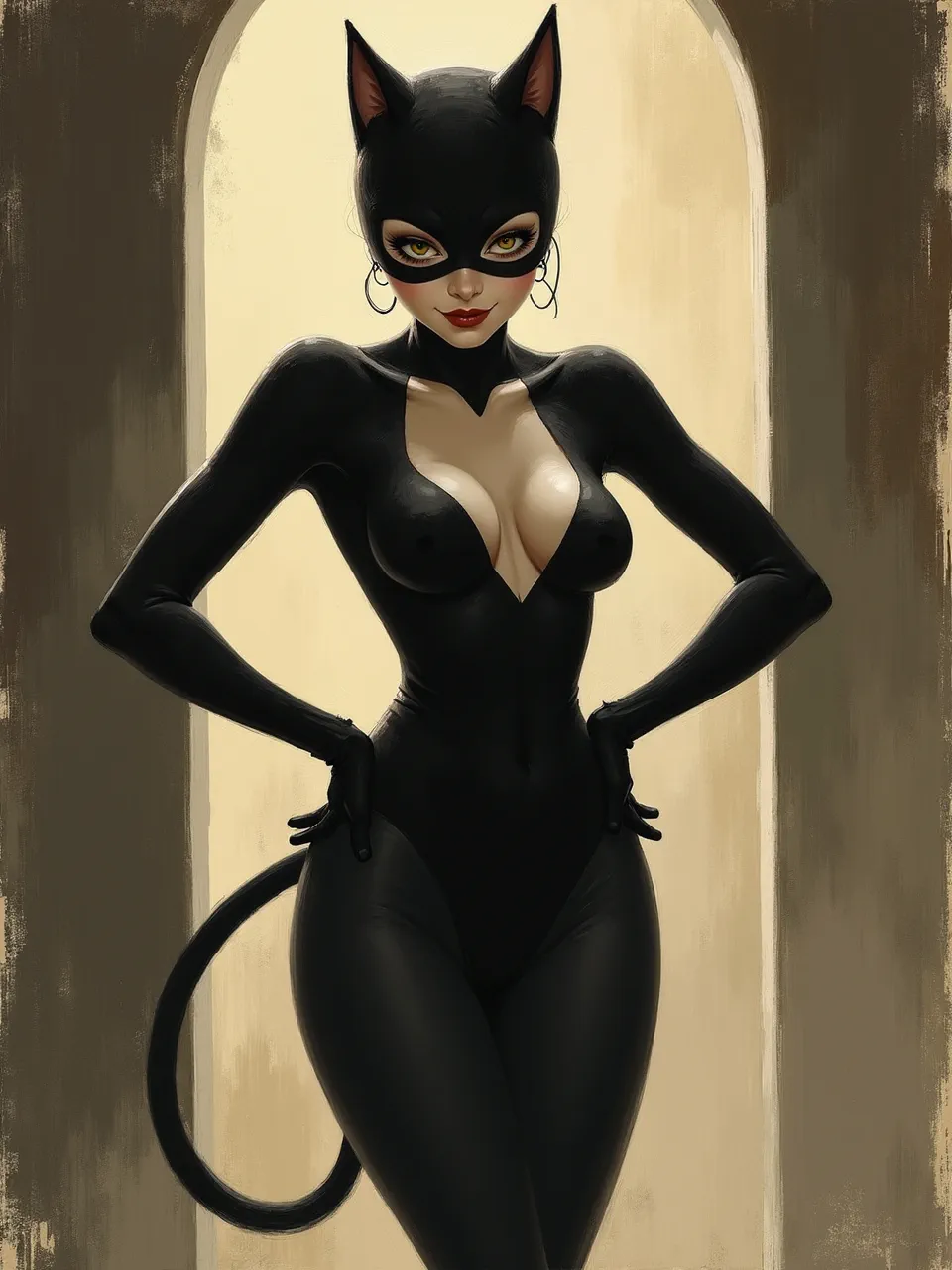 This Catwoman generation, inspired by Everett Shinn, masterfully blends dramatic lighting and smooth textures in a digital painting medium, reminiscent of classic oil artwork.