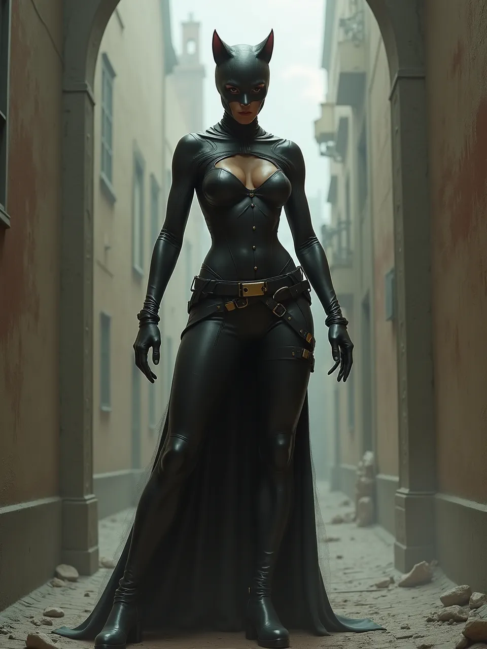 This stunning Catwoman AI art by Flux AI, evoking Eytan Zana's style, emphasizes realistic lighting and intricate leather textures, a superb digital painting capturing urban realism.