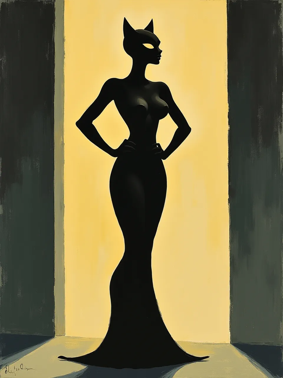 This striking Eyvind Earle Catwoman digital painting masterfully uses dramatic backlighting, stark graphic textures, and glowing eyes, perfectly capturing the iconic villain's mystique through AI art.