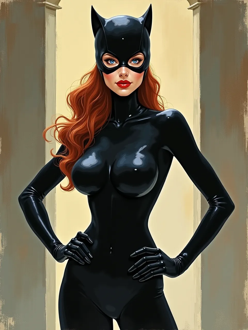 This captivating Flux AI generation portrays Catwoman reimagined in the distinctive style of F. Scott Hess. Bold lighting dramatically highlights the glossy suit's textures in a vibrant digital oil painting,.