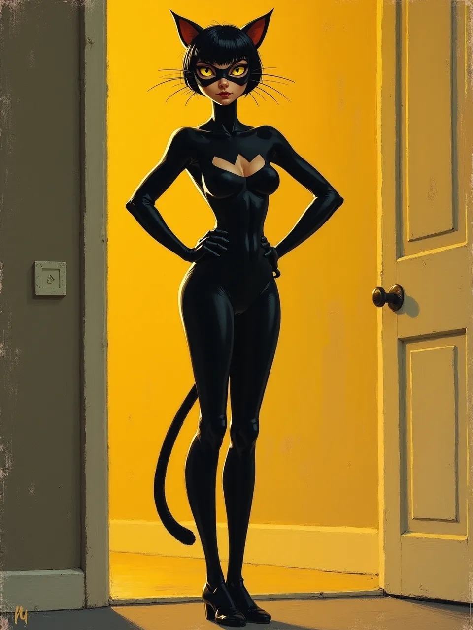 This Fairfield Porter-inspired Catwoman oil painting features striking warm lighting that highlights the sleek suit's textures against a vibrant background, capturing iconic artistic realism.