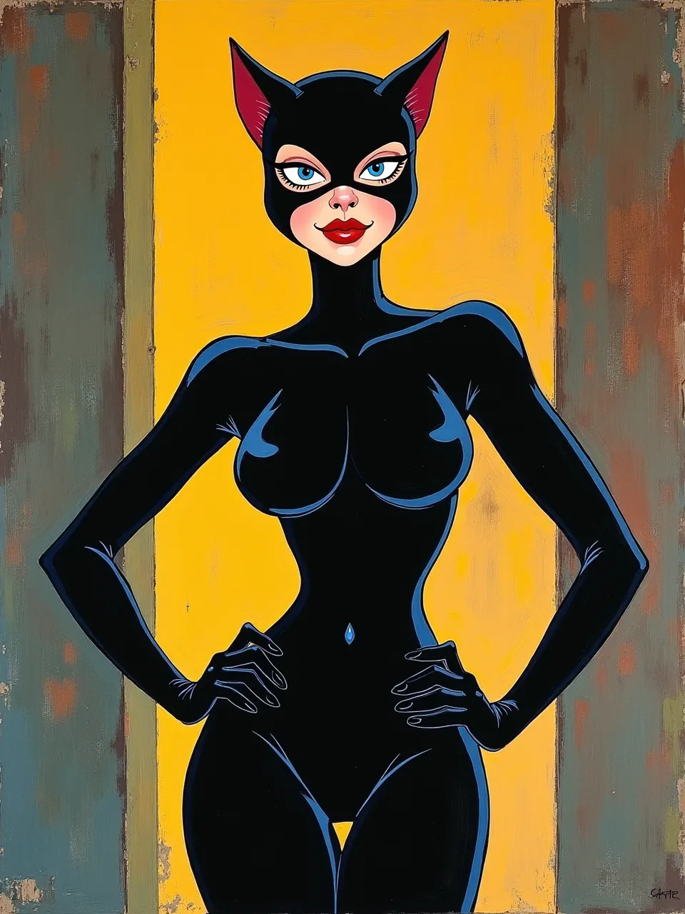 This Faith Ringgold-esque Catwoman generation features sleek lighting on her iconic suit. Rich, distressed textures define the background in this vibrant digital painting, evoking acrylic on canvas.