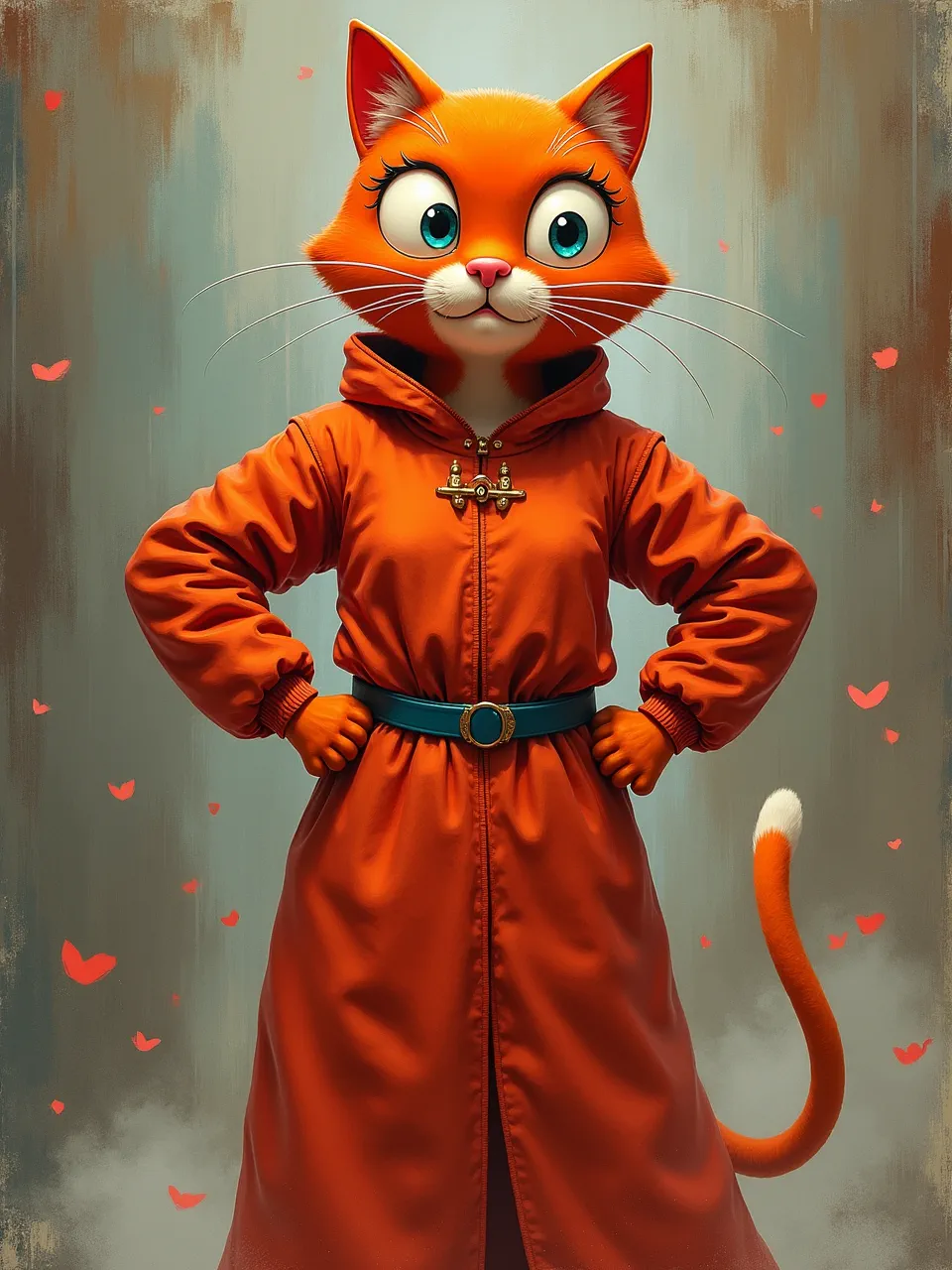 Flux AI's Fang Lijun-style Catwoman features vibrant digital painting, showcasing smooth textures, painterly backgrounds, and soft, balanced lighting for unique artistic vision.