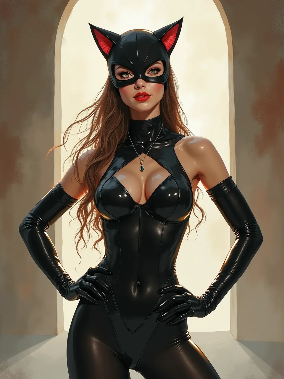 Stunning Flux AI Catwoman image in Fenghua Zhong's style. Dynamic lighting accentuates glossy latex textures and flowing hair, rendering a hyper-realistic digital art piece with rich detail.