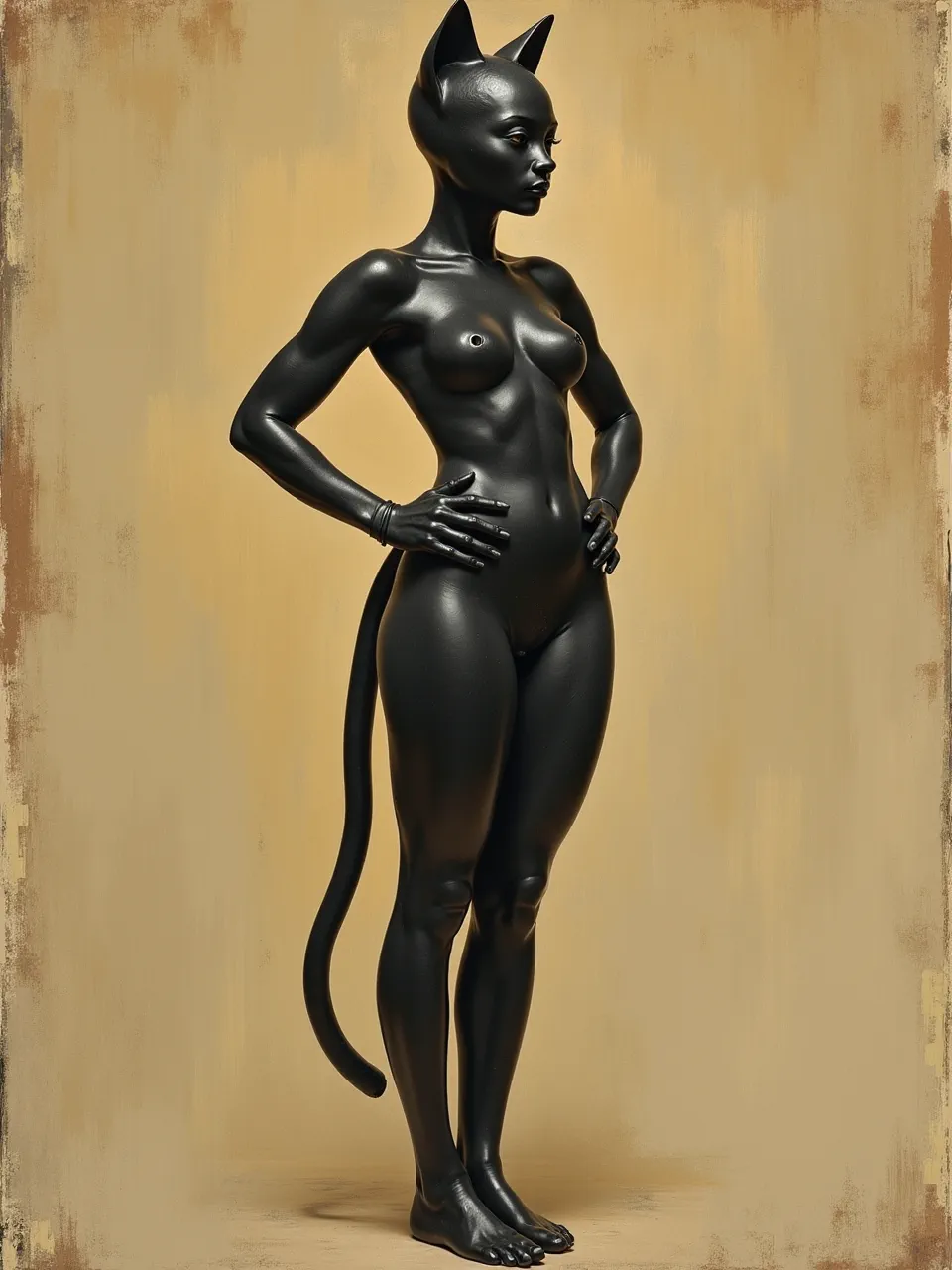 This Ferdinand Hodler-inspired Catwoman AI art features dramatic lighting on her sleek, polished textures, rendered like a sculptural oil painting. A striking digital artistic medium fusion.