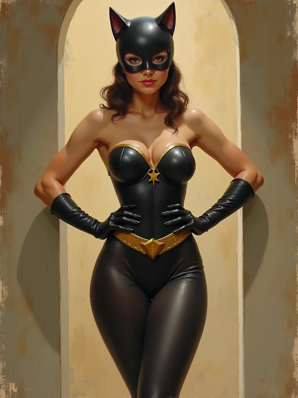 Fernando Amorsolo's radiant lighting sculpts Catwoman's sleek form. Painterly textures, characteristic of oil painting, render her glowing skin and costume, blending classic allure.