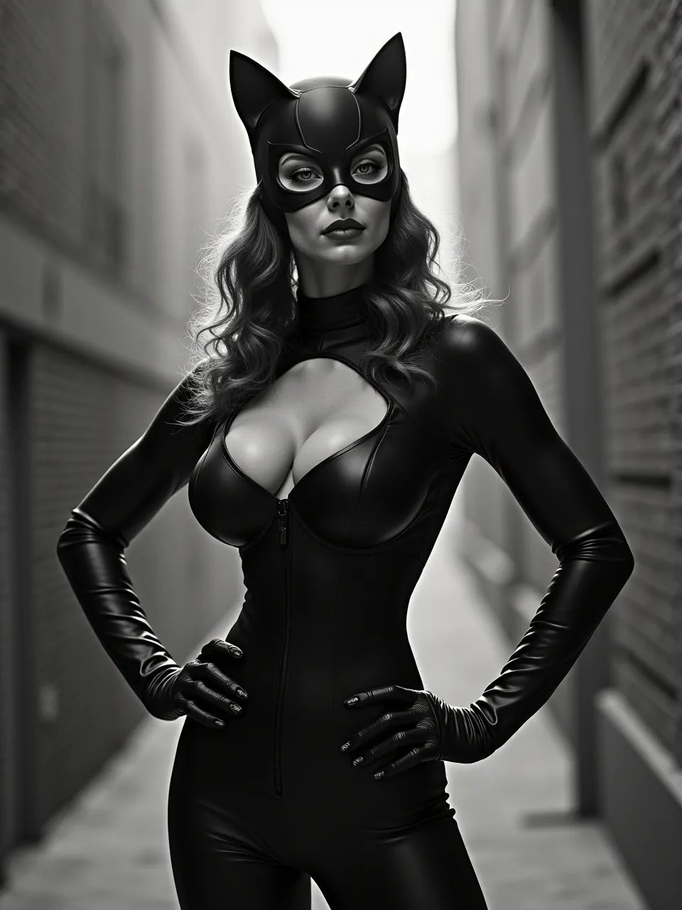 A stunning Catwoman digital generation, capturing Fitz Henry Lane's luminous style. Brilliant lighting enhances sleek leather textures and fine details within this captivating monochrome artistic rendering.