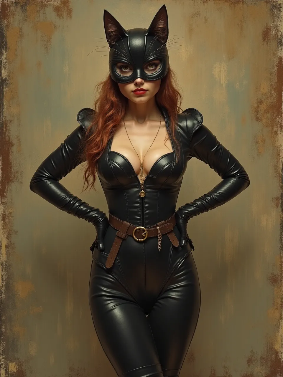 This Flux AI generation presents Catwoman in a stunning Ford Madox Brown style, featuring dramatic lighting, meticulously rendered leather textures, and a rich digital oil painting effect, capturing detailed realism.