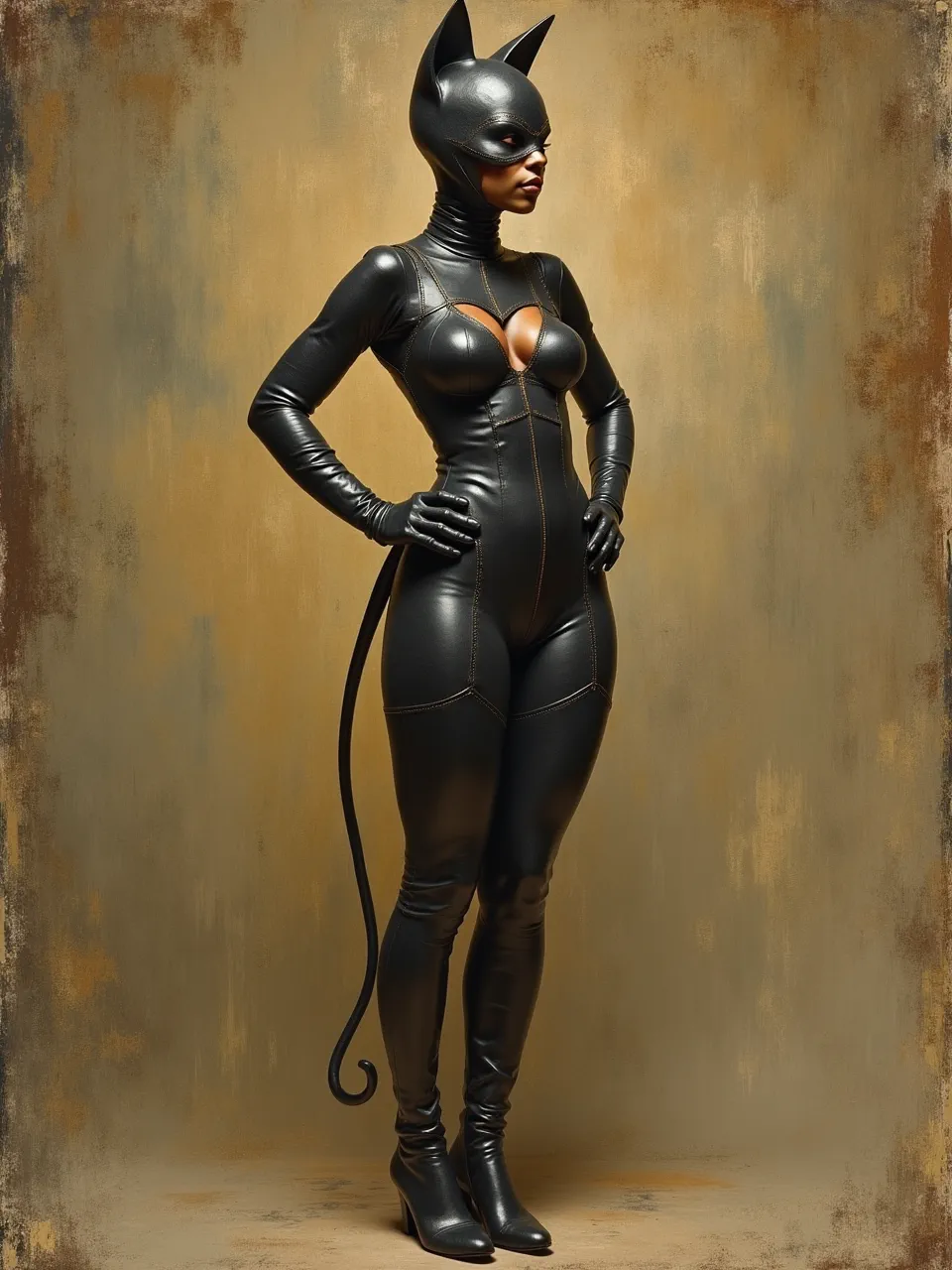 Francesco del Cossa's Catwoman emerges; dramatic lighting on glossy leather textures captured in a rich, digitally-rendered oil painting medium, blending Renaissance style and comic icon.