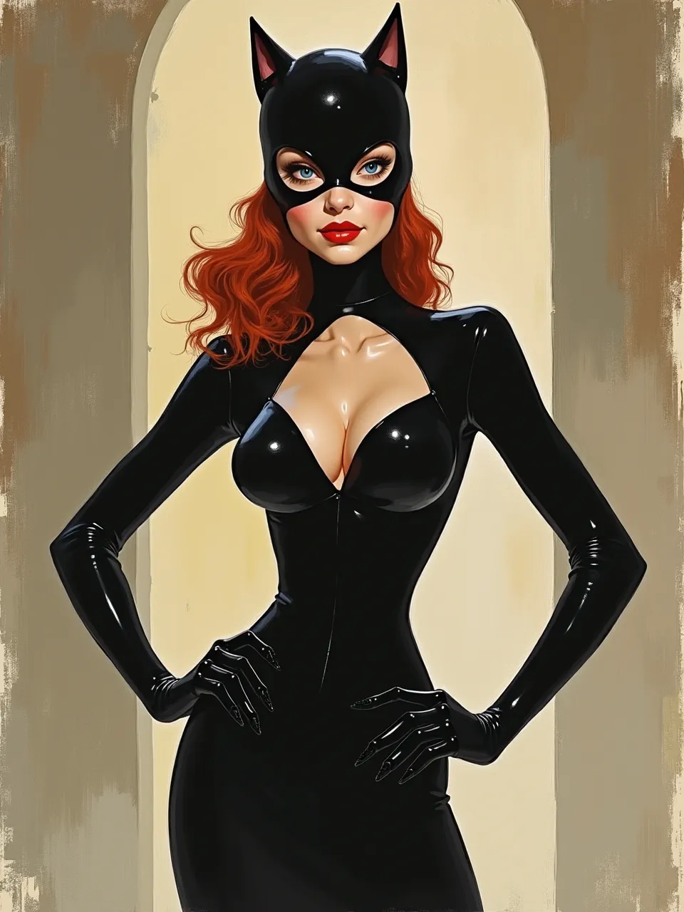 This Catwoman, in Francis Cadell's vivid oil painting style, features dramatic lighting, highlighting glossy latex textures and rich, painterly brushwork. An alluring, iconic composition.