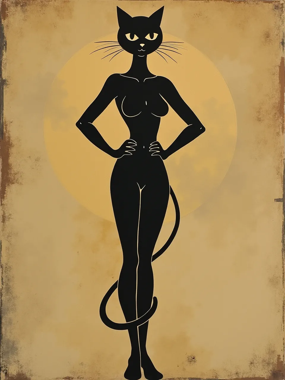 A striking Catwoman silhouette in Francis Picabia's style. Flat digital art with stark lighting, rich grungy textures, and a minimalist aesthetic against an aged background.