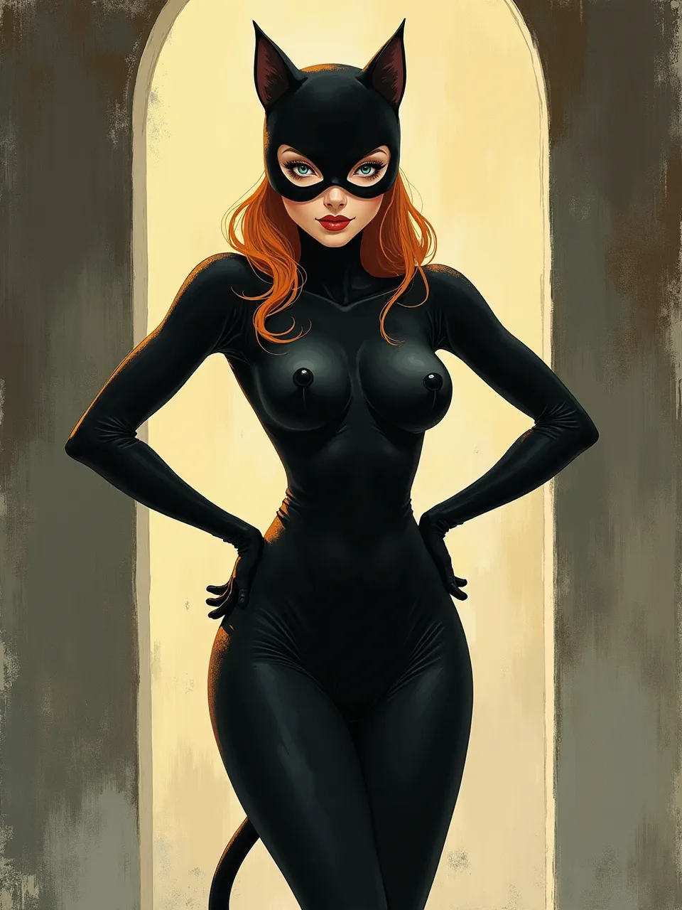 This striking Catwoman illustration, in Francois Schuiten's distinctive graphic novel style, features dramatic backlighting highlighting her sleek catsuit's glossy textures. An evocative digital painting with architectural depth.