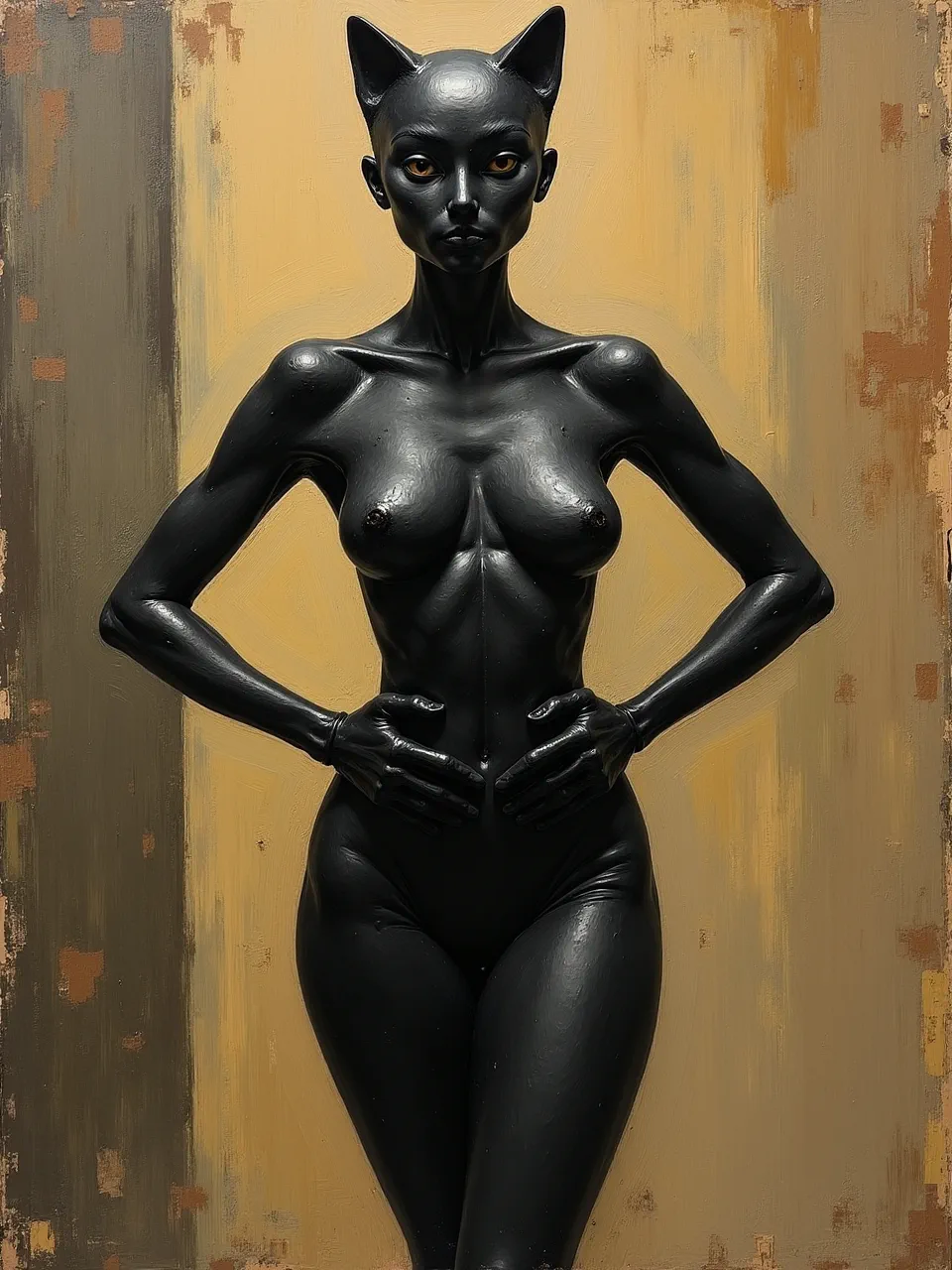 This compelling Frank Auerbach-style Catwoman features thick impasto oil textures and dramatic lighting. This unique piece combines iconic character with raw, powerful artistry.