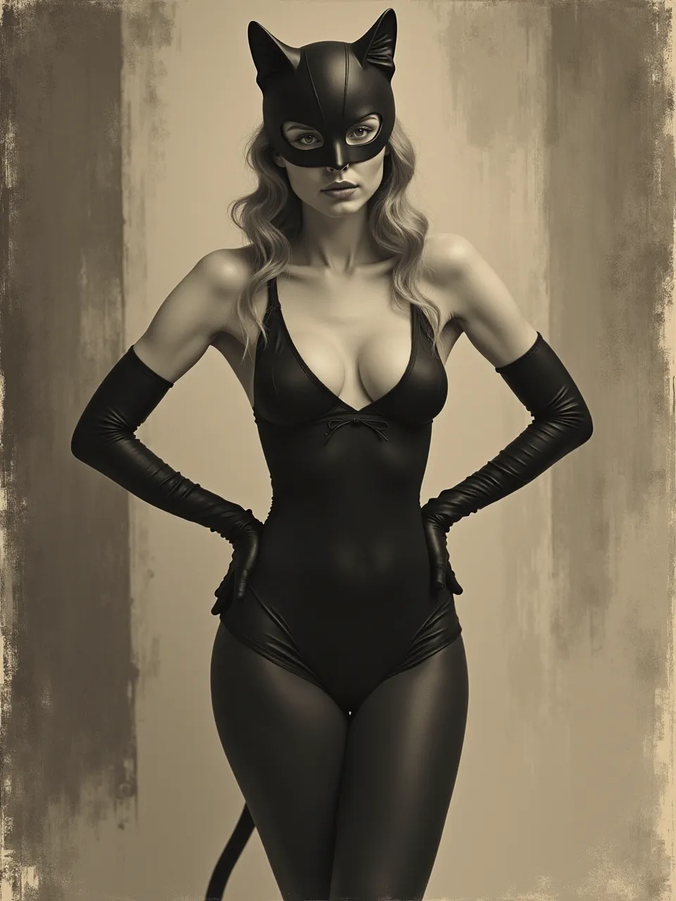 Frank Bramley's Catwoman gleams with dramatic chiaroscuro lighting, highlighting glossy textures and soft skin, expertly rendered as a timeless sepia-toned oil painting.