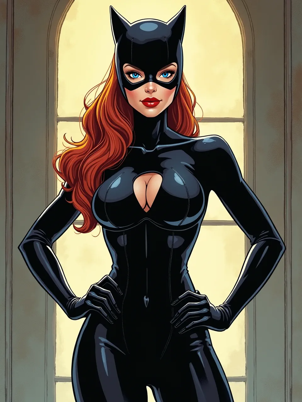 This Frank Cho-style Catwoman digital illustration features vivid lighting illuminating her sleek, glossy suit and flowing hair textures, embodying classic comic artistry.