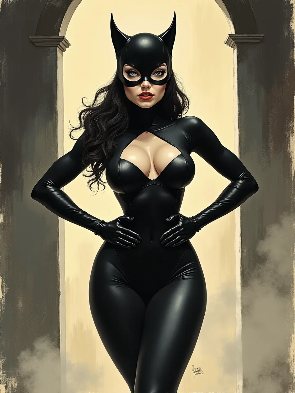 A stunning Frank Frazetta-style Catwoman digital painting. Dramatic chiaroscuro lighting sculpts sleek leather textures, creating a classic, bold oil-inspired aesthetic with painterly effects.