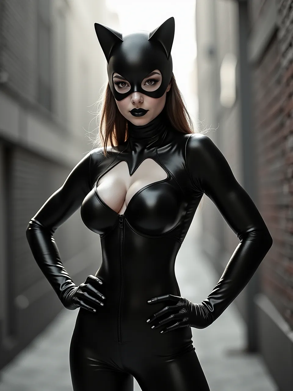 Experience this Catwoman Flux AI generation, inspired by Frank Hong's distinctive digital art. Cinematic lighting illuminates stunning, realistic latex textures, creating an iconic, vibrant masterpiece.